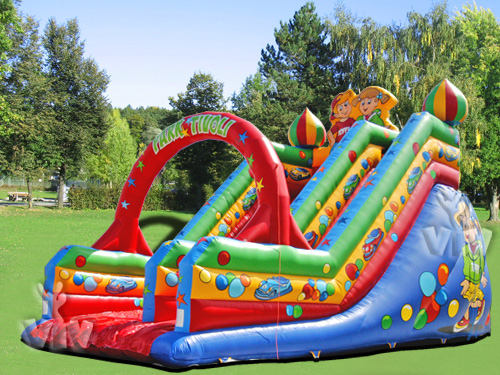 Large blue VIV inflatable slide prepared for commercial amusement use