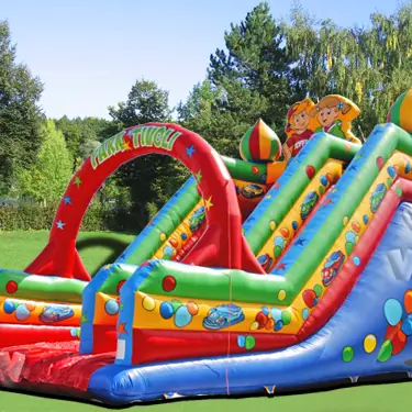 Large blue VIV inflatable slide prepared for commercial amusement use